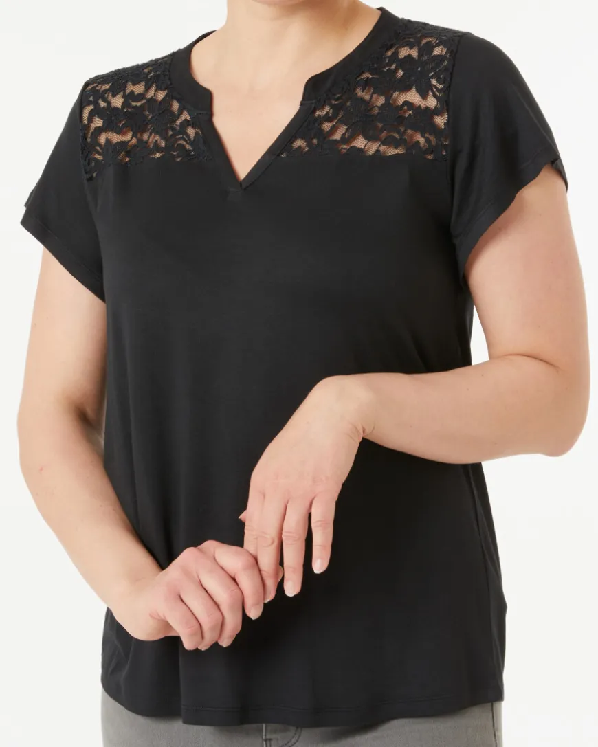 T-Shirt mit Spitzeneinsatz Janina, Y-Ausschnitt-KiK Onlineshop Discount